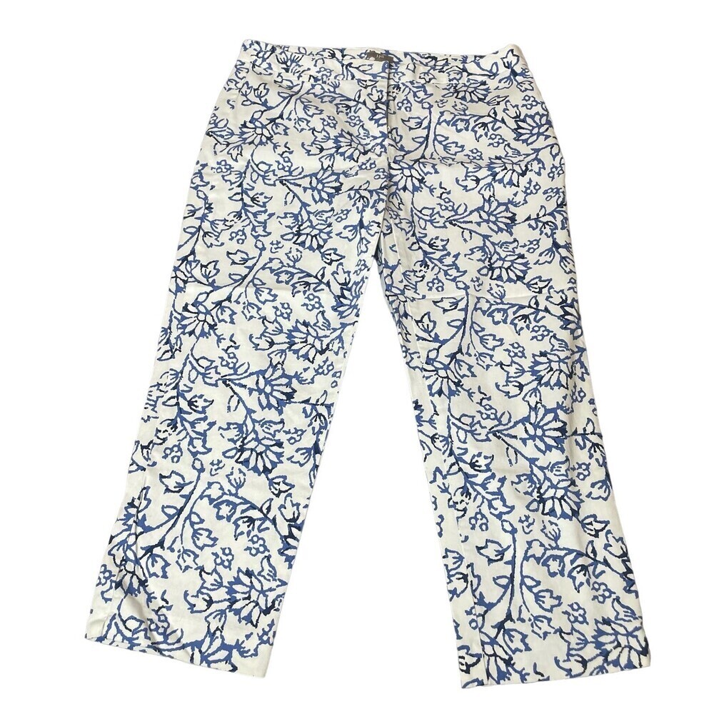 J. Jill Essential Cotton-stretch pants white with blue floral women’s SZ 8 crop - Picture 2 of 9